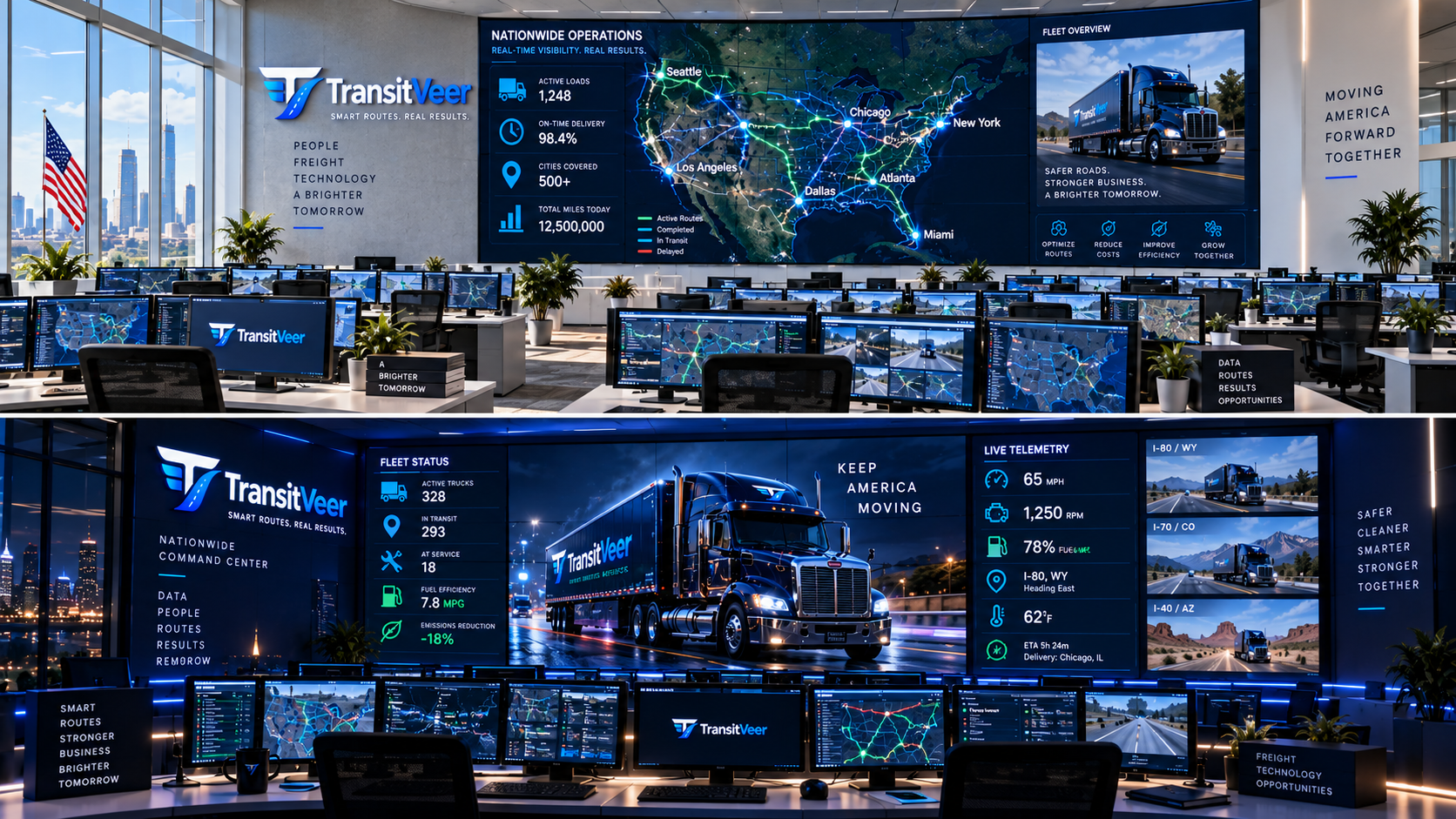 TransitVeer concept: a bright operations center with dispatch workstations and a U.S. route map