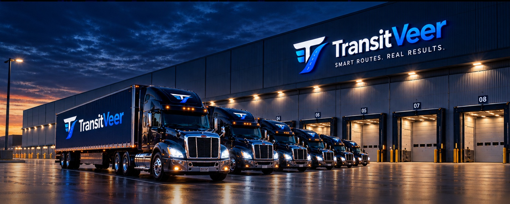 TransitVeer brand visualization: American trucks at a blue-lit freight terminal